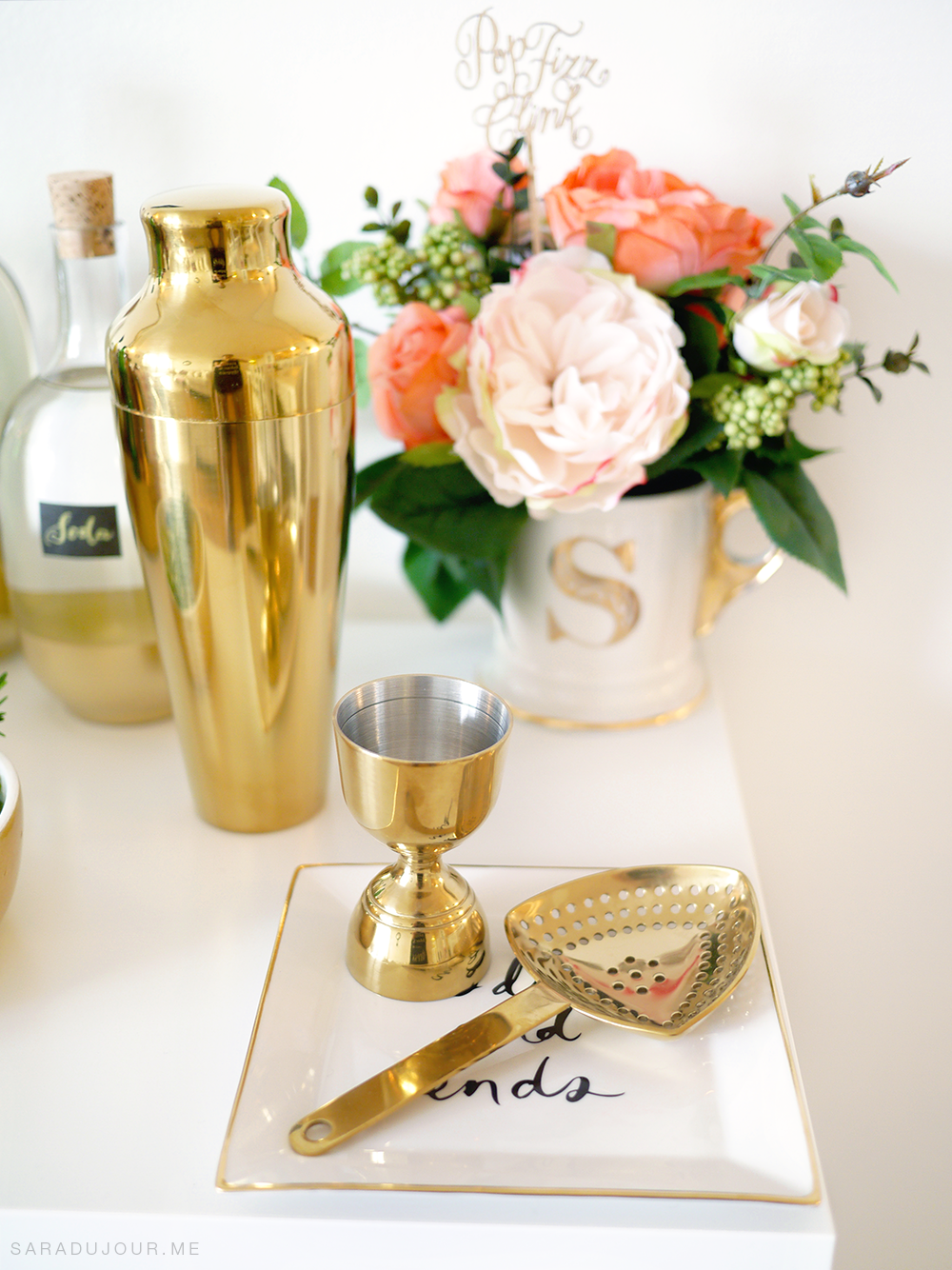 Bar Cart Essentials - Gold Cocktail Shaker, Jigger, and Strainer |Sara du Jour